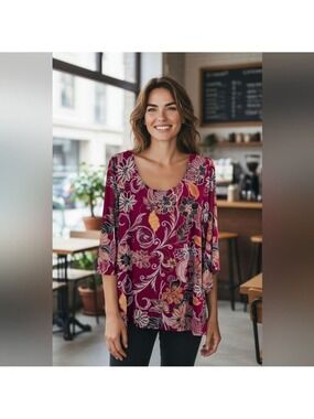 Brittany Black Floral Multicolor Top, Blouse, Tunic.3/4 Sleeves .Size Medium.